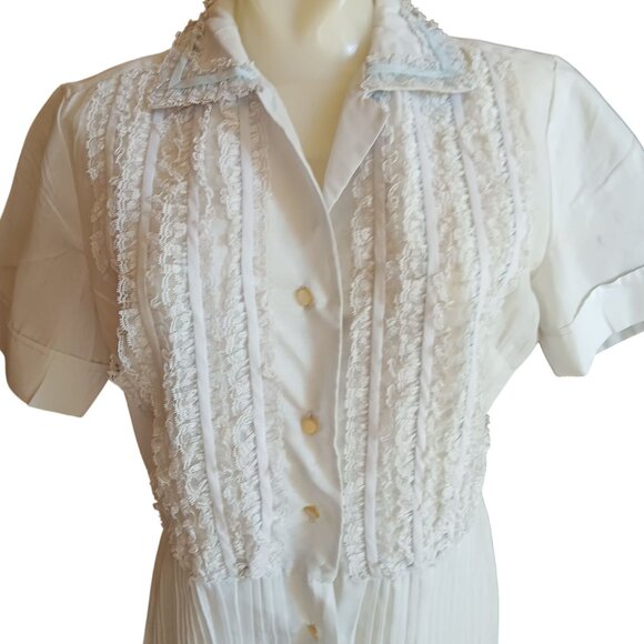 Vintage Handmade Dress sz 14 Lace Ruffle Pale Blue Pleated Midi Wedding 1970's - Picture 2 of 9